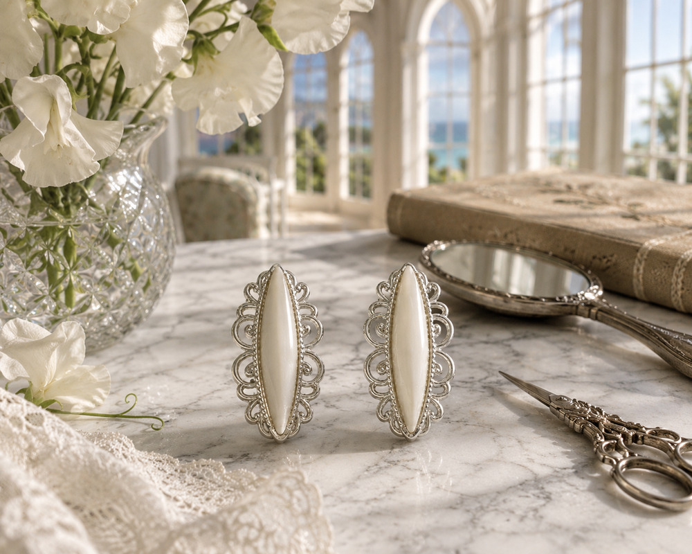 Vintage Silver Tone Filigree Marquise Milky White Acrylic Clip On Earrings 1.75"